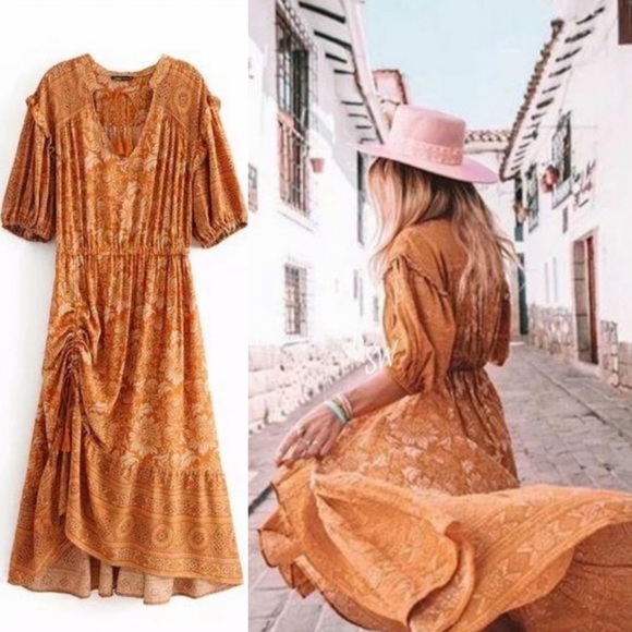 Dresses & Skirts - Bohemian Gypsy Print Ruffle Floral Dress Orange